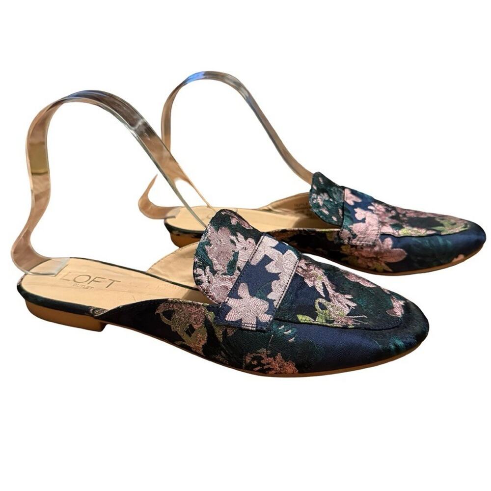 Ann Taylor Loft Navy Satin Floral Jacquard Mules Loafers Slip On Shoes sz 8